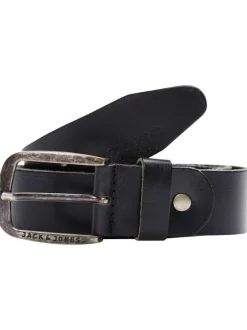 Ceinture Paul en cuir noire unie avec nom de la marque gravé sur la boucle