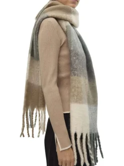 Écharpe multicolore écru, beige et gris pourvue de franges aux extrémités