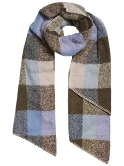 Écharpe tricolore ciel brune et beige à carreaux avec une coupe longue