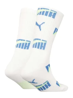 Chaussettes hautes blanches brodées au nom de la marque bleu et jaune