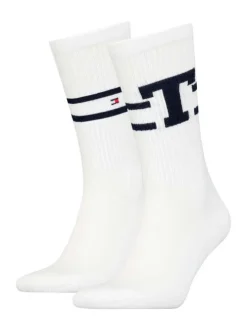 Chaussettes hautes blanches à rayures brodées et tige en bord côte