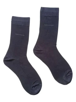 Chaussettes hautes bleues marine unies avec nom de la marque en gris anthracite