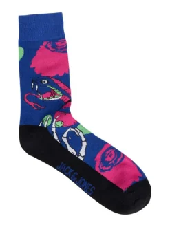 Chaussettes hautes bleues avec un imprimé de serpent rose et vert