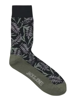 Chaussettes hautes en coton mélangé noires à imprimé tropical violet et vert