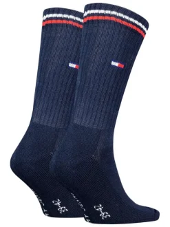 Chaussettes hautes en coton mélangé marine unies avec un logo à la cheville