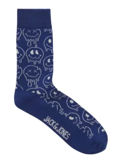 Chaussettes hautes en coton mélangé bleues à imprimé smileys blancs