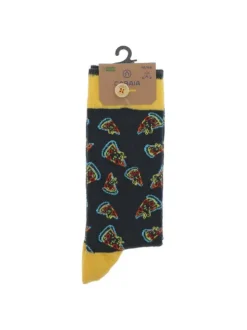 Chaussettes hautes en coton mélangé noires à motifs pizzas et à détails jaunes