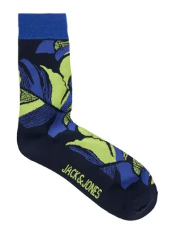 Chaussettes hautes noires à imprimé fleuri vert et bleu et haut de la tige en bord côte