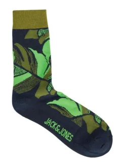 Chaussettes hautes noires à imprimé floral vert et haut de la tige en bord côte