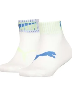 Chaussettes mi-hautes blanches brodées au nom de la marque en bleu et jaune