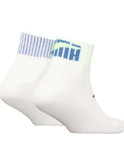 Chaussettes mi-hautes blanches brodées au nom de la marque en bleu et jaune
