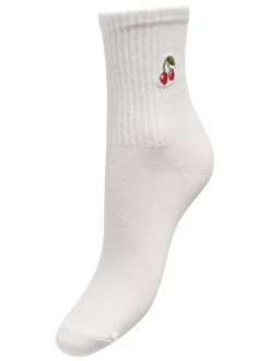 Chaussettes en coton mélangé blanches unies avec cerises brodées