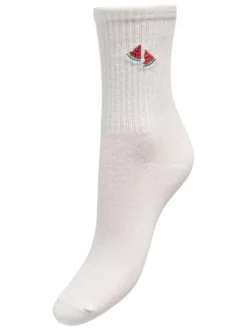 Chaussettes en coton mélangé blanches unies avec pastèque brodée