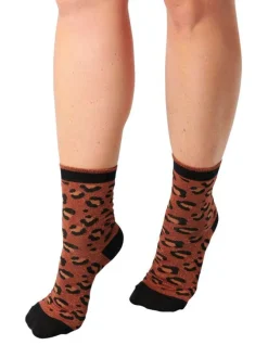 Chaussettes hautes en coton biologique mélangé bordeaux à motif léopard en lurex
