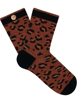 Chaussettes hautes en coton biologique mélangé bordeaux à motif léopard en lurex