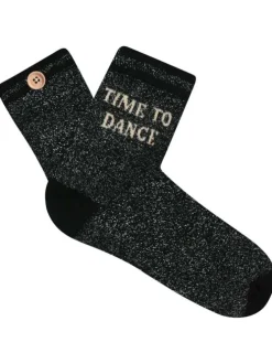 Chaussettes hautes en coton biologique mélangé noires en lurex avec texte