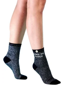 Chaussettes hautes en coton biologique mélangé noires en lurex avec texte