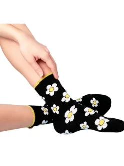 Chaussettes hautes en coton biologique mélangé noires à motif pâquerettes
