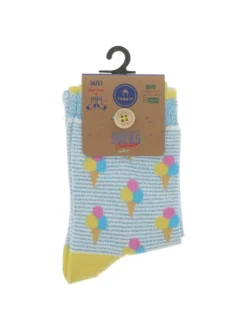 Chaussettes hautes en coton mélangé bleues ciel rayées et à détails jaunes