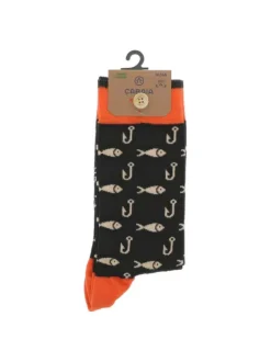 Chaussettes hautes en coton mélangé noires à motifs poissons beiges