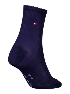 Chaussettes hautes marine unies avec une coupe mi-haute et dentelées