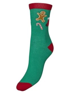 Chaussettes vertes hautes avec haut en bord-côte et imprimé noël