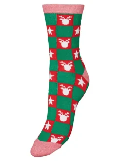 Chaussettes vertes, rouges et roses avec un damier et une coupe haute