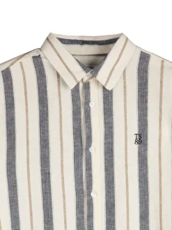 Chemise beige et grise en lin et coton ornée d'un motif à rayures