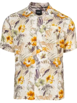 Chemise beige fantaisie coupe regular fit col cubain et manches courtes