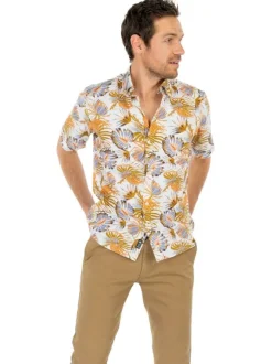 Chemise blanche en coton imprimée de palmes, coupe ajustée et à manches courtes