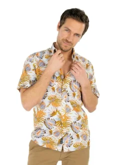 Chemise blanche en coton imprimée de palmes, coupe ajustée et à manches courtes
