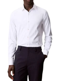 Chemise blanche unie à coupe slim et à manches longues boutonnées