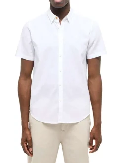 Chemise blanche unie en coton et lin mélangé avec une coupe droite