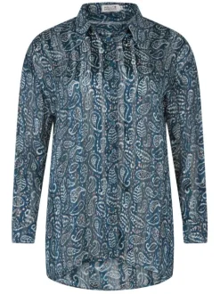 Chemise bleue cachemire à coupe droite col italien et à manches longues
