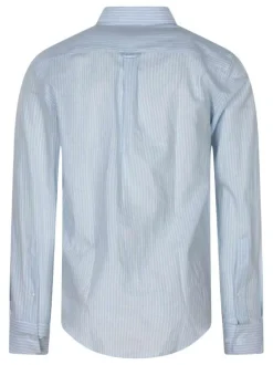 Chemise bleue claire en lin à rayures avec une coupe droite et un col américain