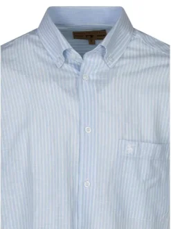 Chemise bleue claire en lin à rayures avec une coupe droite et un col américain