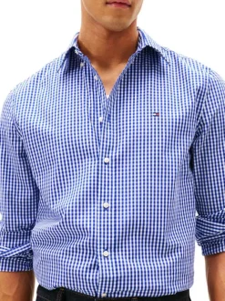 Chemise bleue en coton à coupe droite ornée d'un imprimé carreaux