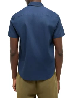 Chemise bleue unie en coton et lin mélangé avec une coupe droite