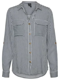 Chemise bleu rayée à coupe droite col italien et à manches longues