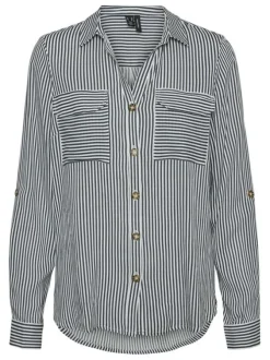 Chemise bleu rayée à coupe droite col italien et à manches longues
