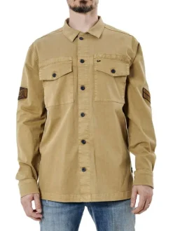 Chemise camel unie en coton avec une coupe ample un col français et à manches longues