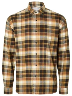 Chemise à carreaux en coton mélangé caramel avec une coupe droite