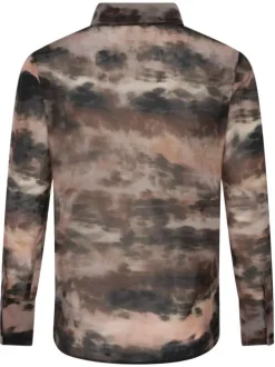 Chemise chocolat imprimé camouflage à coupe droite col italien et à manches longues