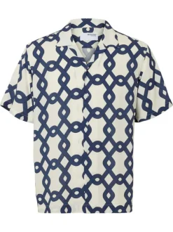 Chemise écrue et bleue à motif géométrique avec coupe regular et col cubain