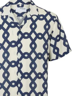 Chemise écrue et bleue à motif géométrique avec coupe regular et col cubain