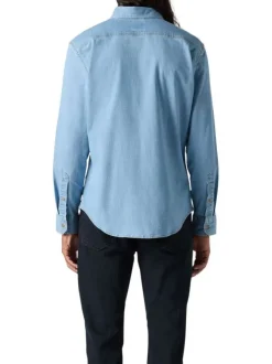 Chemise denim en coton mélangé bleue ciel unie avec une coupe slim et le logo