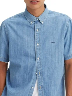 Chemise denim manches courtes en coton bleue ciel unie à coupe oversize