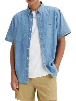 Chemise denim manches courtes en coton bleue ciel unie à coupe oversize