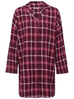 Chemise de nuit courte en coton bordeaux à carreaux avec une coupe droite, un col V croisé et à manches longues