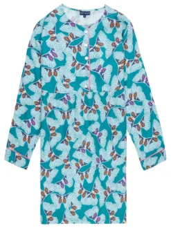 Chemise De Nuit en coton verte imprimée coupe droite avec un col rond et 5 boutons blancs pour la fermeture du col